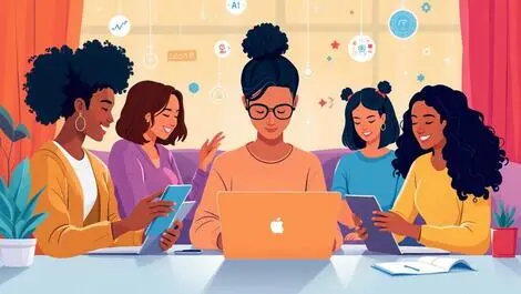 Diverse canadian adults learning ai skills online laptops tablets home digital upskilling