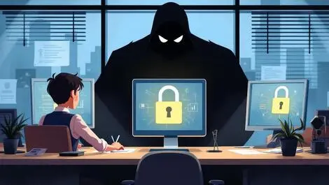 Australian business office employees worried locked computer screens shadowy figure