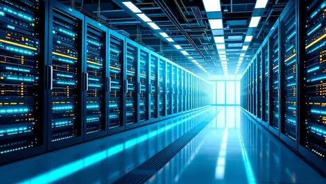 Realistic modern data center rows sleek servers organized cables bright lighting high tech reliability performance