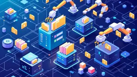 Automated data management robotic arms organizing digital folders enterprise storage network