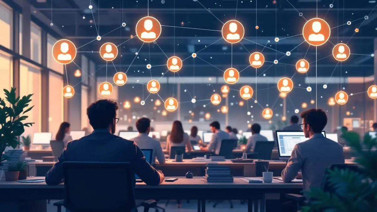 Realistic illustration busy enterprise office ai agent icons cooperation