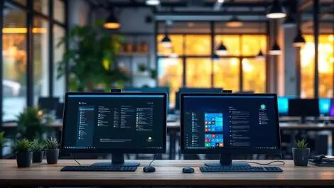 Modern office workspace with computers showing old and new os versions