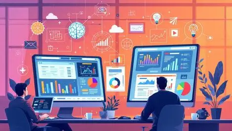 Marketers analyzing data digital graphs charts ai icons modern office