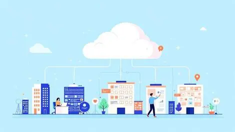 Modern illustration cloud above interconnected office buildings people working