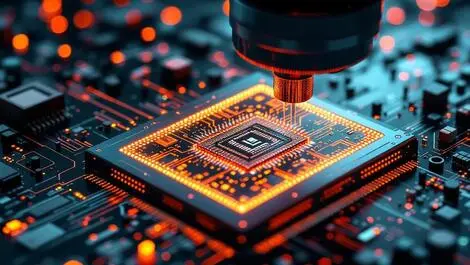 Quantum computer chip microscope glowing atomic circuits lab tech