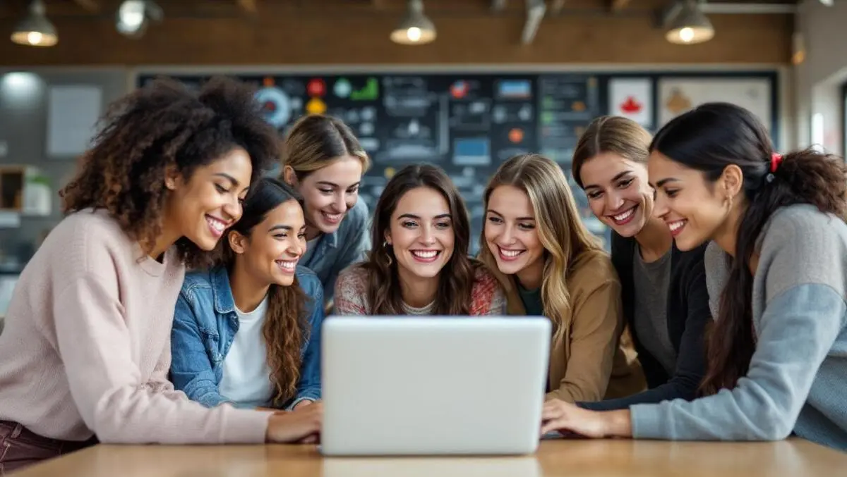 Seven canadian women collaborating around laptop university computer science maple leaf