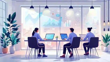 Modern coworking office people collaborating digital financial graphs ai neural network illustration