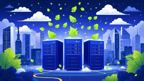 Data center green servers emitting leaves reduced carbon emissions canadian cityscape