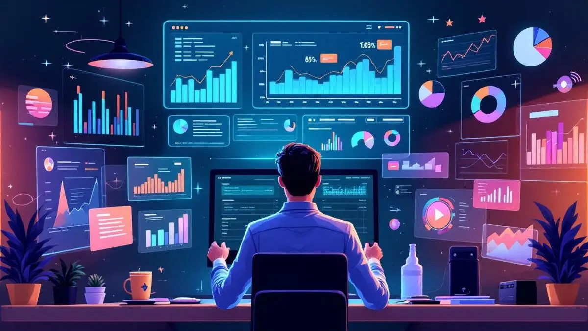 Digital marketer at computer surrounded by digital graphs charts