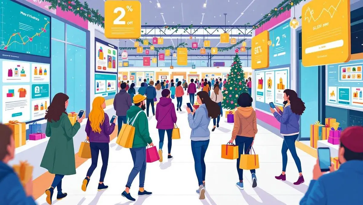 Colorful holiday shopping mall shoppers gift bags smartphones digital screens