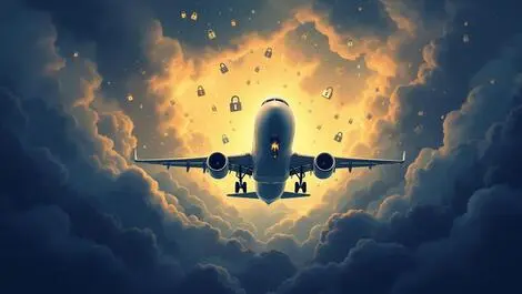 Commercial airplane flying stormy clouds digital padlocks warning symbols cyber threats airline industry