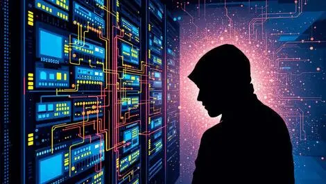 Network server rack with shadowy figure hidden threat enterprise office