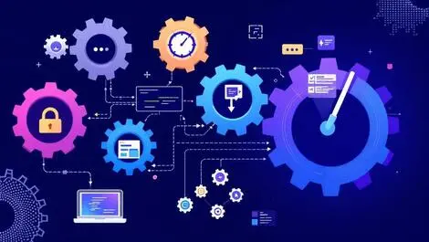 Interconnected gears computer screens flowcharts code process intelligence software development