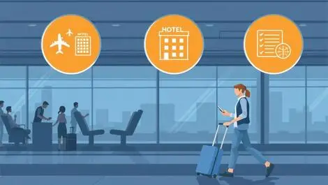 Business traveler airport smartphone suitcase flight hotel expense management icons