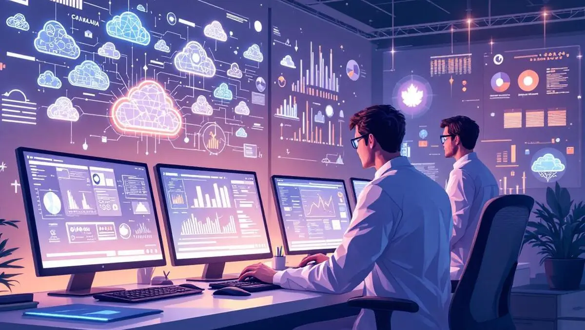 Canadian scientists modern lab digital data patterns analysis large screens