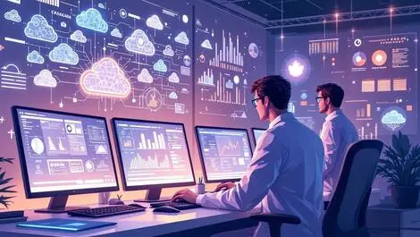 Canadian scientists modern lab digital data patterns analysis large screens