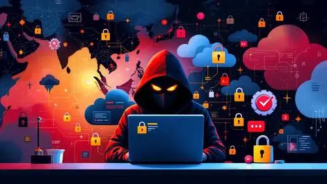 Masked hacker at computer digital locks encrypted files stormy clouds asia pacific map