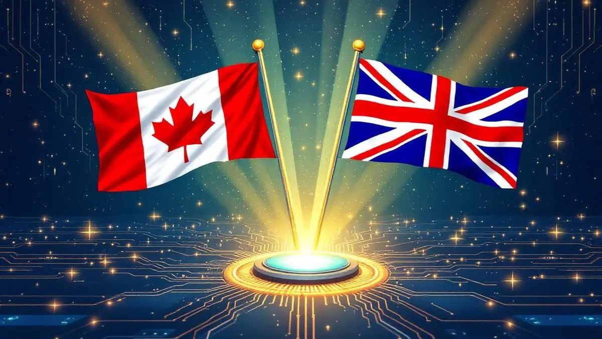 Canada uk national flags beams light over computer servers ai safety cooperation