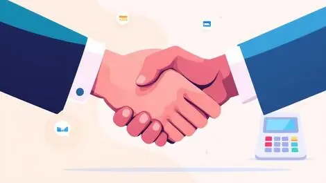 Handshake businesspeople retail software acquisition digital payment icons