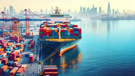 Realistic large cargo ship docked busy asian port shipping containers cranes city skyline