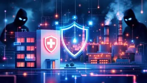 Realistic illustration healthcare facility industrial plant digital shield cyber threats 2025