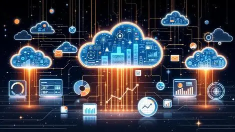 Cloud servers glowing data streams charts analytics modern tech