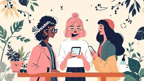 Stylized fashionable people smartphone shopping eco friendly beauty ar glasses