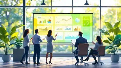 Business professionals analyzing digital charts environmental graphs modern office sustainability