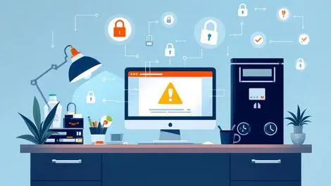New zealand office workspace with warning on computer surrounded by digital locks alerts emphasizing vulnerability due to neglected updates