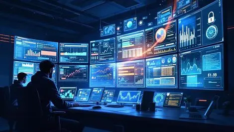 Realistic cybersecurity analysts collaborating modern secops center dark