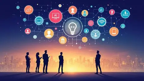 Business professionals examining ai icons over digital network symbolizing ai adoption