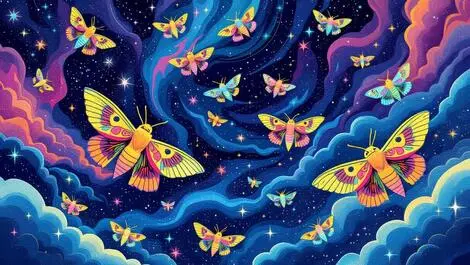 Colorful moths flying cosmic space quantum computing illustration