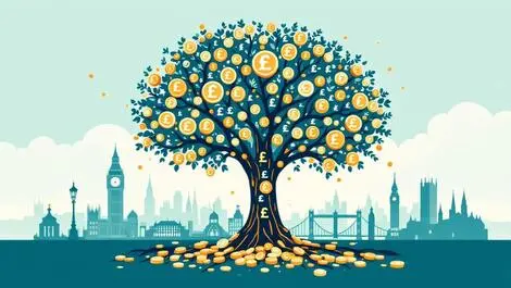Modern illustration large tree interconnected coins pound symbols uk retirement savings