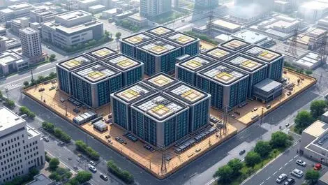 Realistic illustration sprawling data center modern industrial urban