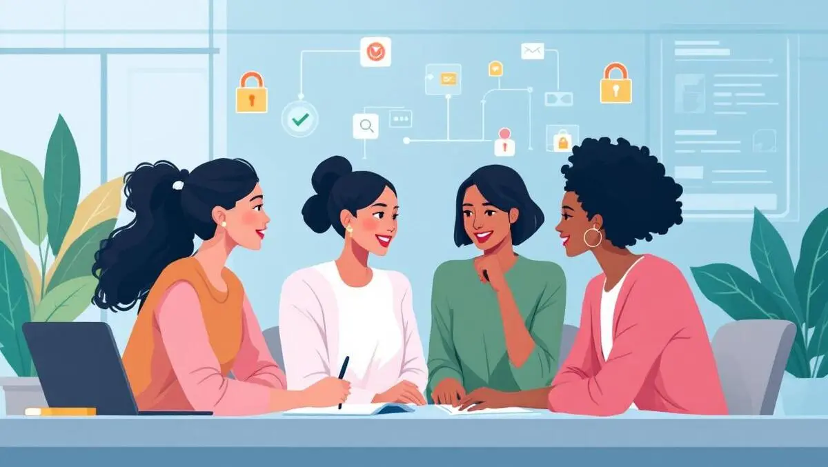 Women professionals cybersecurity collaboration modern office risk management