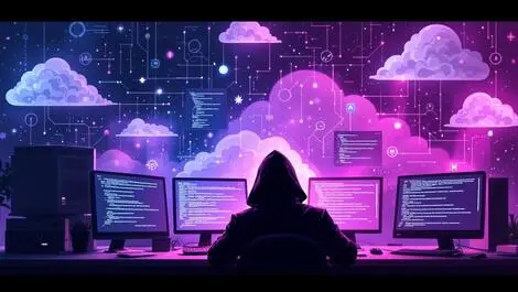 Shadowy figure surrounded by code on screens digital clouds network symbols cyber threat