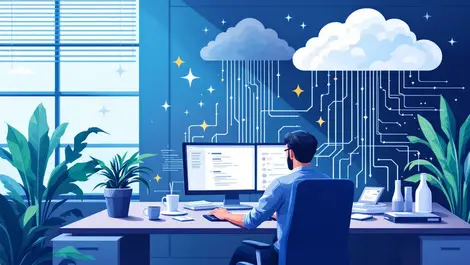 Illustration office worker computer data streams cloud sensitive data transfer modern australian office