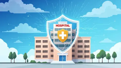 Realistic illustration hospital building digital shield cracks healthcare data security vulnerabilities