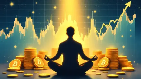 Serene person meditating before fluctuating bitcoin price charts golden coins
