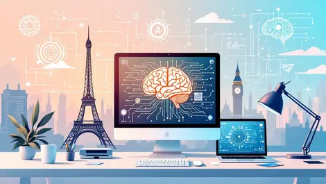 Modern desktop laptop ai brain circuit patterns european landmarks eiffel tower big ben
