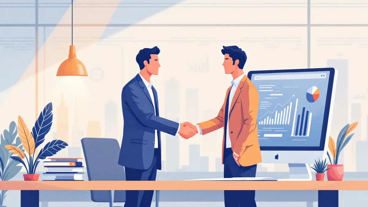 Two business professionals shaking hands computer data charts modern canadian office technology automation engineering consulting