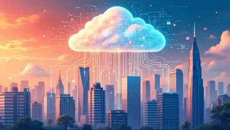 Modern data cloud over urban indian business district digital data flow