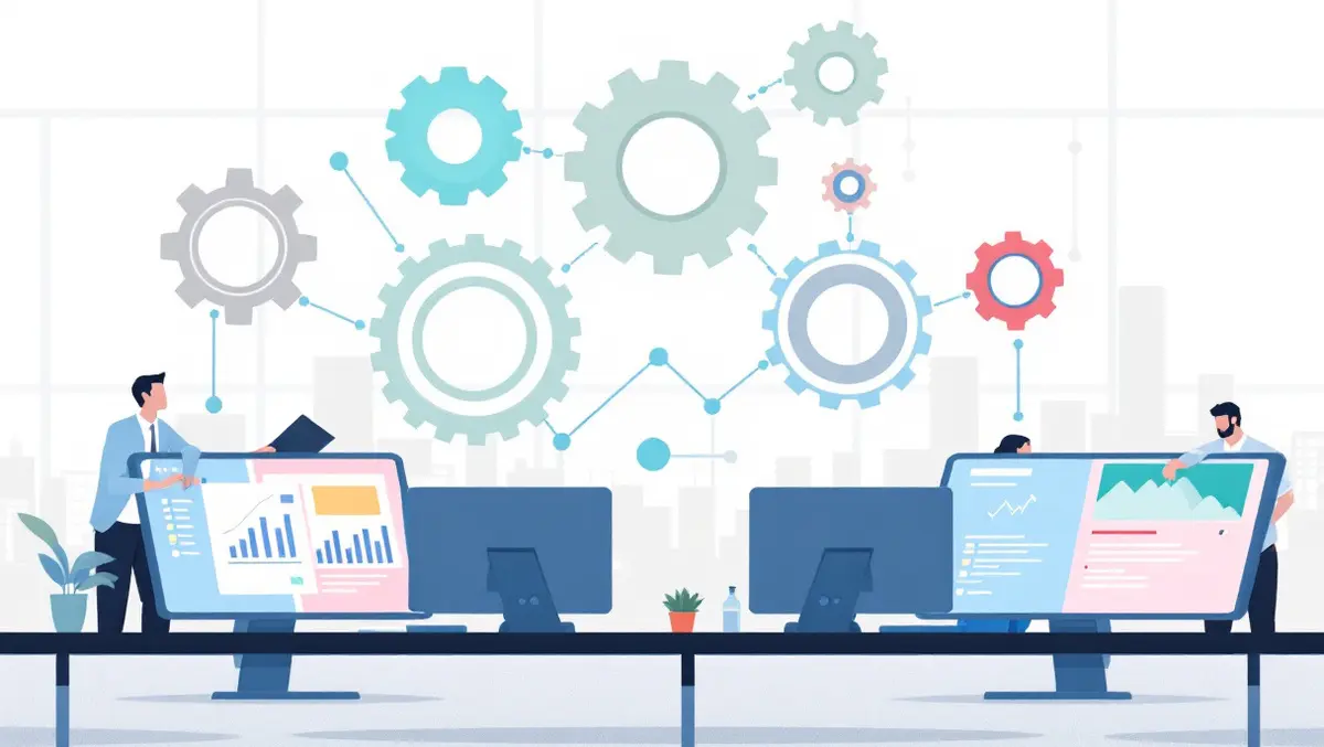 Office automation workflow processes computers gears collaboration illustration