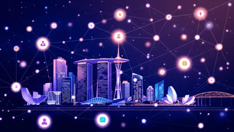 Blockchain digital nodes network over singapore landmarks identity payment icons