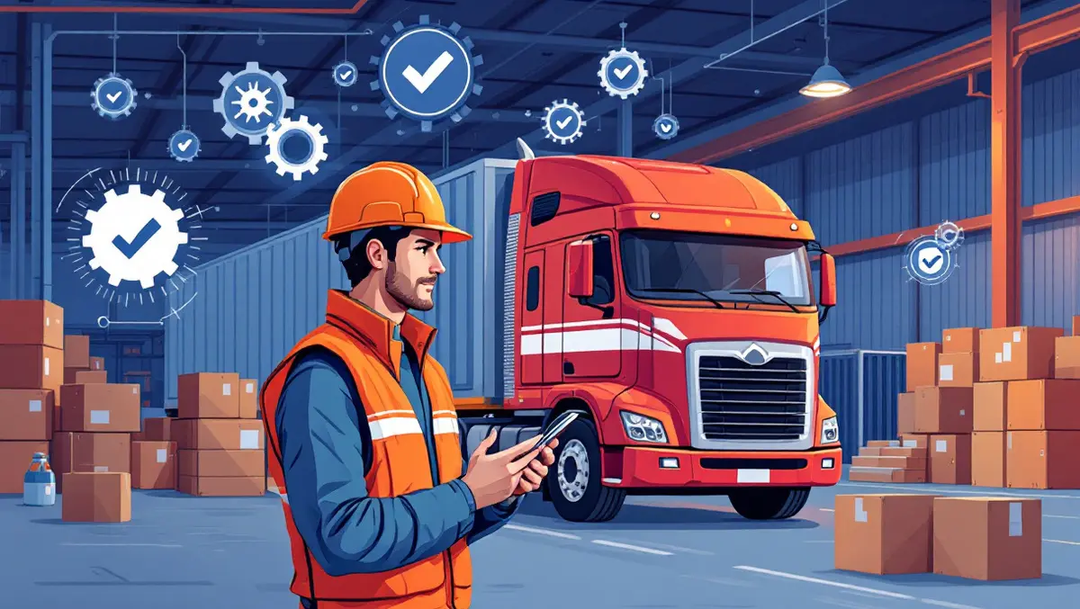 Canadian truck driver mobile device transport truck warehouse technical support gears checkmarks efficient operations