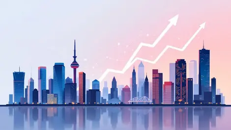 Canadian city skyline business growth upward arrows digital graphs