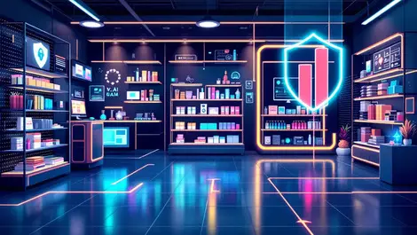 High tech retail store interior digital devices smart shelves ai data security