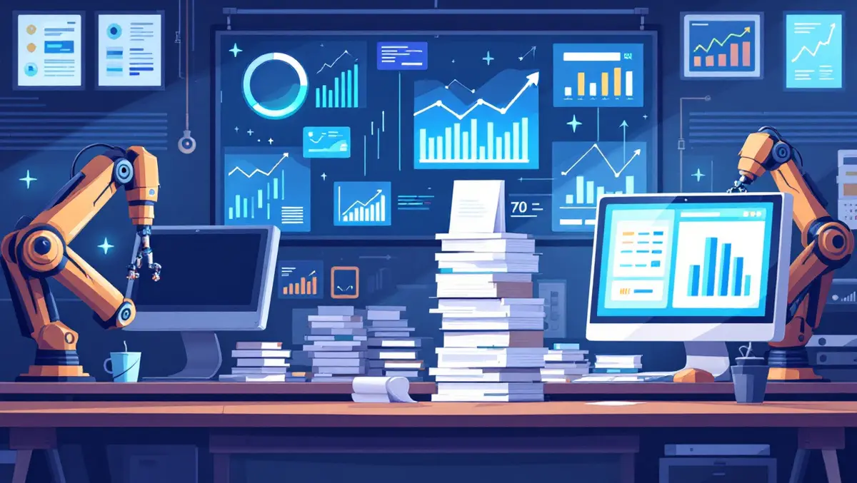 Modern office workspace digital financial charts robotic arms organizing documents