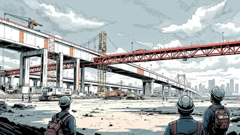 Unfinished bridge with construction equipment under cloudy sky workers from singapore france uk australia