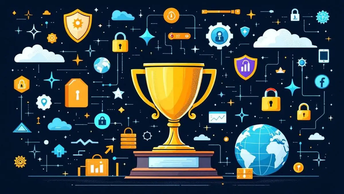 Cybersecurity trophy shields locks globe achievement risk management corporate responsibility